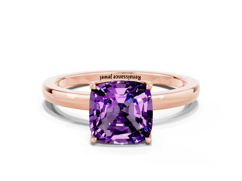 Rose gold Cushion Cut Solitaire Diamond Ring with Thin Band and Four-Prong Setting