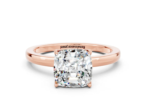 Rose gold Cushion Cut Solitaire Diamond Ring with Thin Band and Four-Prong Setting