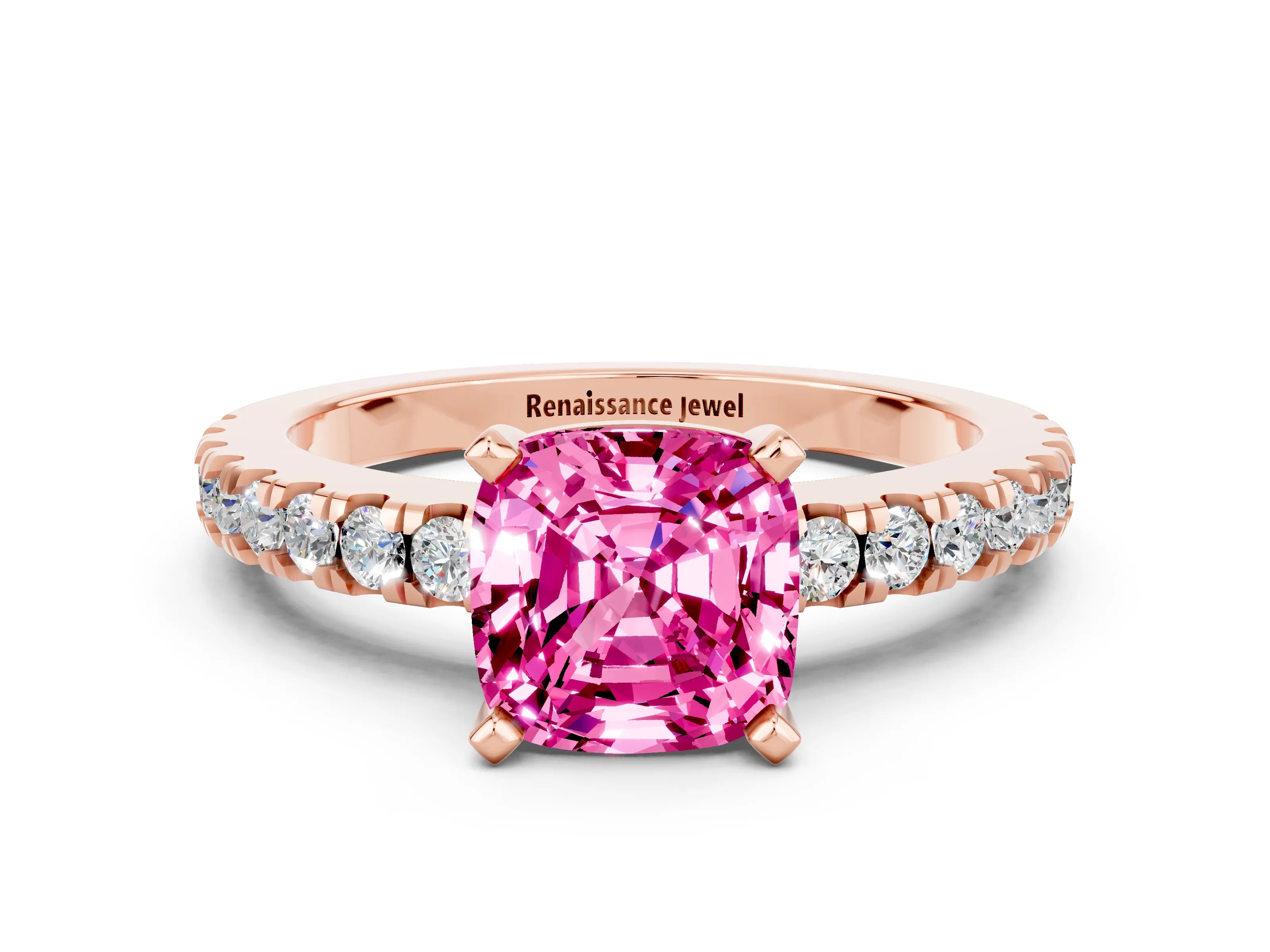 Rose gold Cushion Cut Solitaire Diamond with Pavé Band and Four-Prong Setting
