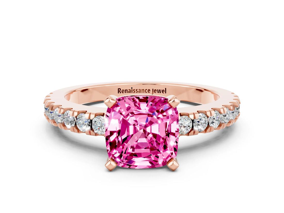 Rose gold Cushion Cut Solitaire Diamond with Pavé Band and Four-Prong Setting