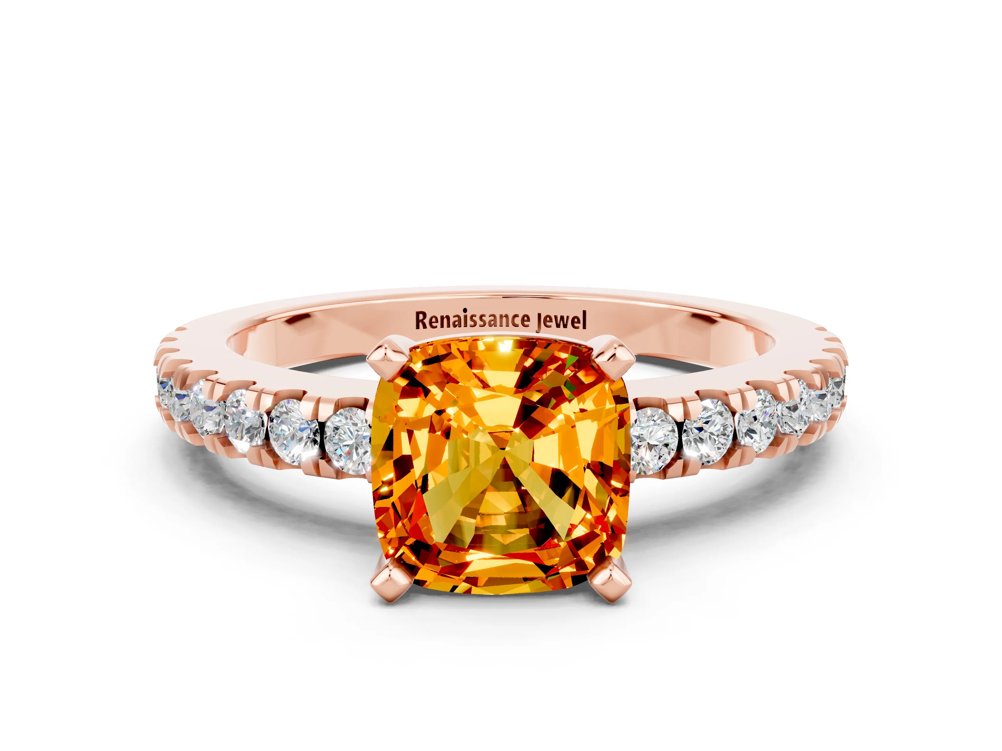Rose gold Cushion Cut Solitaire Diamond with Pavé Band and Four-Prong Setting