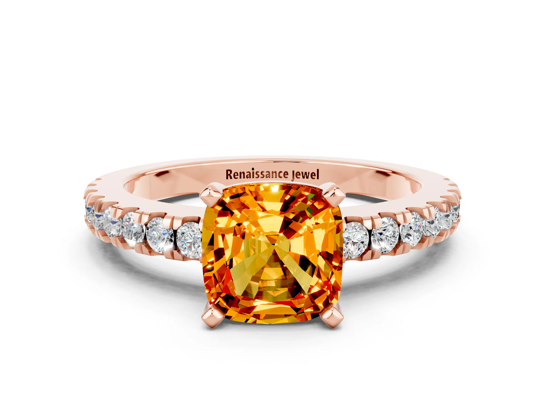 Rose gold Cushion Cut Solitaire Diamond with Pavé Band and Four-Prong Setting