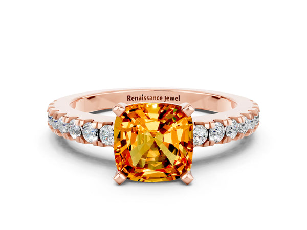 Rose gold Cushion Cut Solitaire Citrine with Pavé Band and Four-Prong Setting