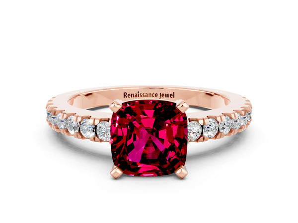 Rose gold Cushion Cut Solitaire Garnet with Pavé Band and Four-Prong Setting