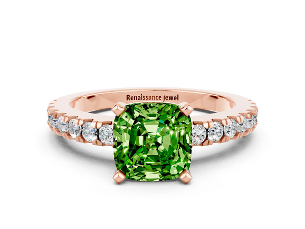 Rose gold Cushion Cut Solitaire Peridot with Pavé Band and Four-Prong Setting
