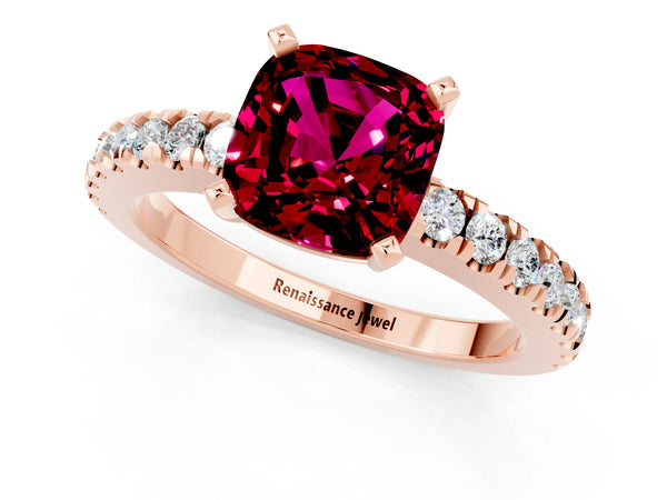 Rose gold Cushion Cut Solitaire Garnet with Pavé Band and Four-Prong Setting