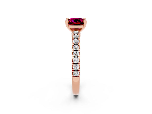 Rose gold Cushion Cut Solitaire Garnet with Pavé Band and Four-Prong Setting