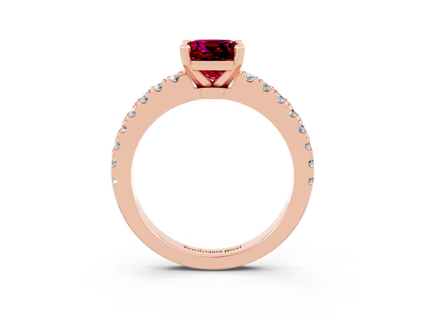 Rose gold Cushion Cut Solitaire Garnet with Pavé Band and Four-Prong Setting