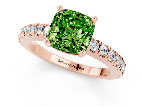 Rose gold Cushion Cut Solitaire Peridot with Pavé Band and Four-Prong Setting
