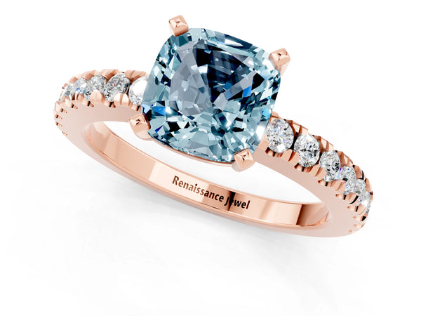 Rose gold Cushion Cut Solitaire Aquamarine with Pavé Band and Four-Prong Setting