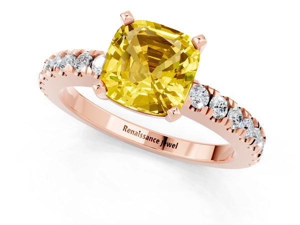 Rose gold Cushion Cut Solitaire Yellow Sapphire with Pavé Band and Four-Prong Setting