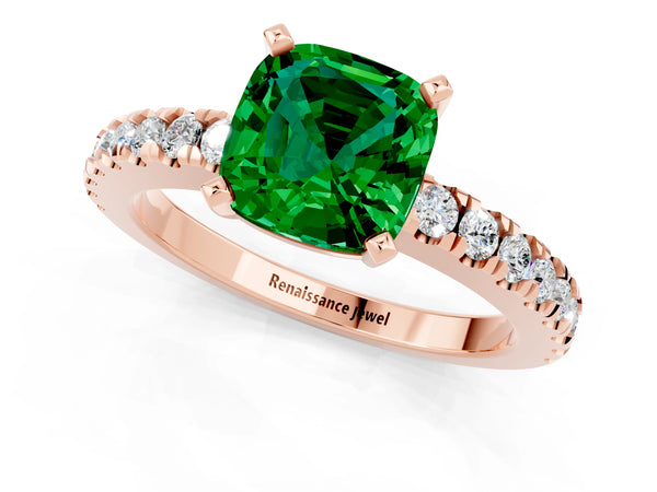 Rose gold Cushion Cut Solitaire Emerald with Pavé Band and Four-Prong Setting