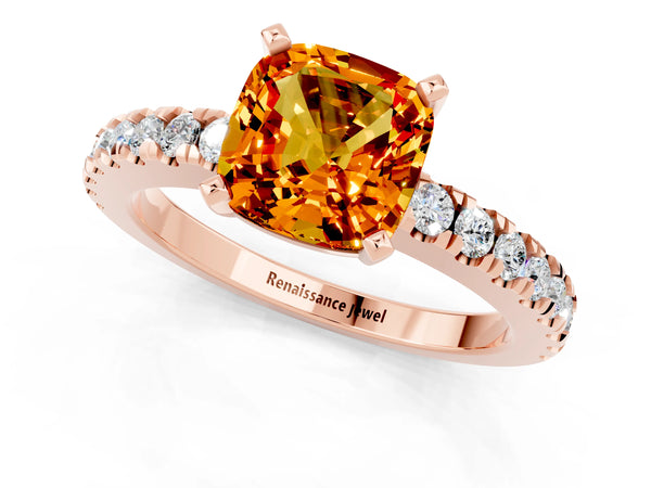 Rose gold Cushion Cut Solitaire Citrine with Pavé Band and Four-Prong Setting