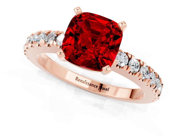Rose gold Cushion Cut Solitaire Ruby with Pavé Band and Four-Prong Setting