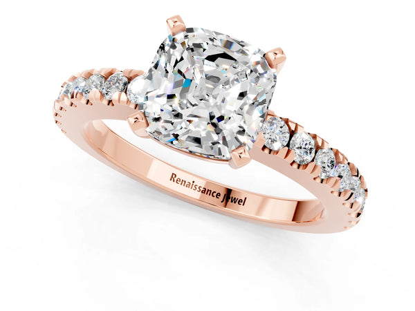 Rose gold Cushion Cut Solitaire Moissanite with Pavé Band and Four-Prong Setting