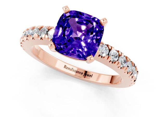 Rose gold Cushion Cut Solitaire Tanzanite with Pavé Band and Four-Prong Setting
