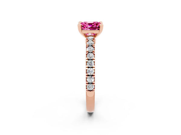 Rose gold Cushion Cut Solitaire Pink Sapphire with Pavé Band and Four-Prong Setting