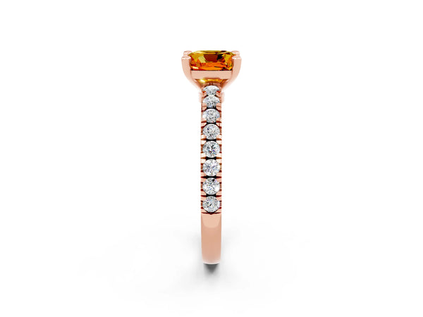 Rose gold Cushion Cut Solitaire Citrine with Pavé Band and Four-Prong Setting