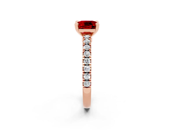 Rose gold Cushion Cut Solitaire Ruby with Pavé Band and Four-Prong Setting