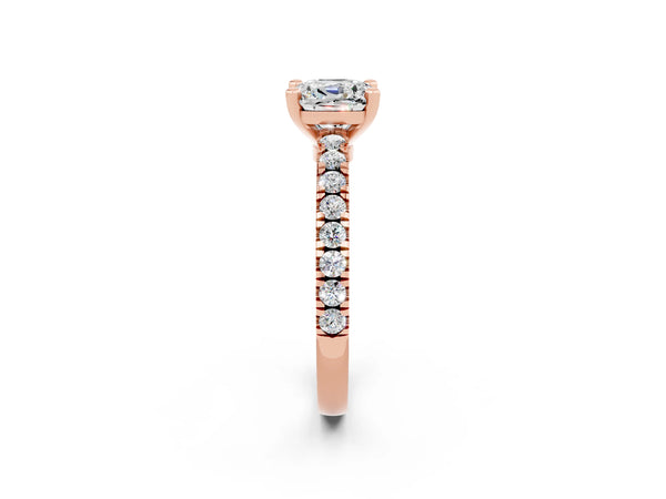 Rose gold Cushion Cut Solitaire Moissanite with Pavé Band and Four-Prong Setting