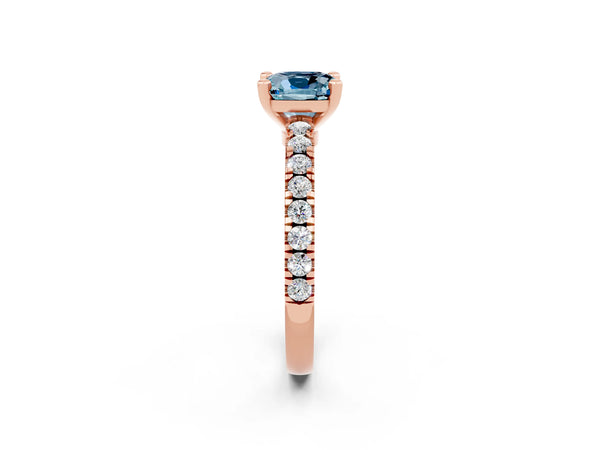 Rose gold Cushion Cut Solitaire Aquamarine with Pavé Band and Four-Prong Setting