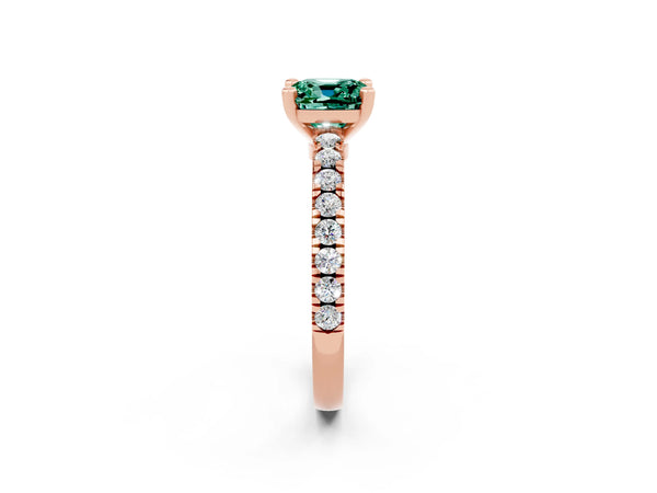 Rose gold Cushion Cut Solitaire Green Sapphire with Pavé Band and Four-Prong Setting