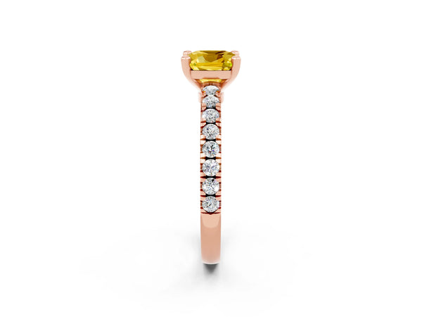 Rose gold Cushion Cut Solitaire Yellow Sapphire with Pavé Band and Four-Prong Setting