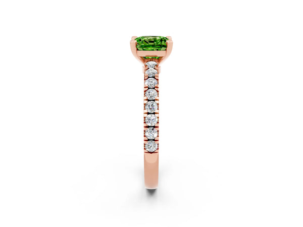 Rose gold Cushion Cut Solitaire Peridot with Pavé Band and Four-Prong Setting