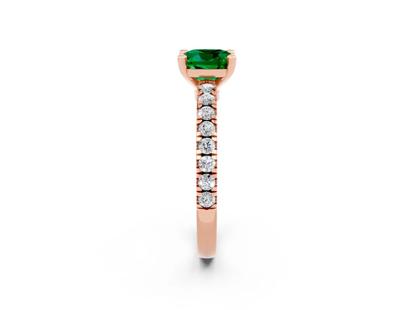 Rose gold Cushion Cut Solitaire Emerald with Pavé Band and Four-Prong Setting