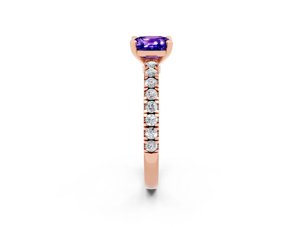 Rose gold Cushion Cut Solitaire Tanzanite with Pavé Band and Four-Prong Setting
