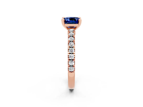 Rose gold Cushion Cut Solitaire Blue Sapphire with Pavé Band and Four-Prong Setting