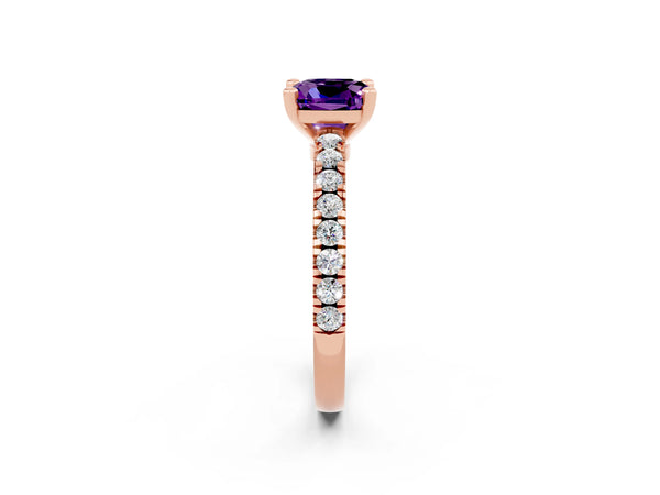 Rose gold Cushion Cut Solitaire Amethyst with Pavé Band and Four-Prong Setting