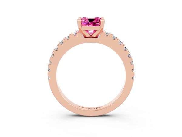 Rose gold Cushion Cut Solitaire Pink Sapphire with Pavé Band and Four-Prong Setting