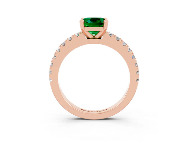 Rose gold Cushion Cut Solitaire Emerald with Pavé Band and Four-Prong Setting
