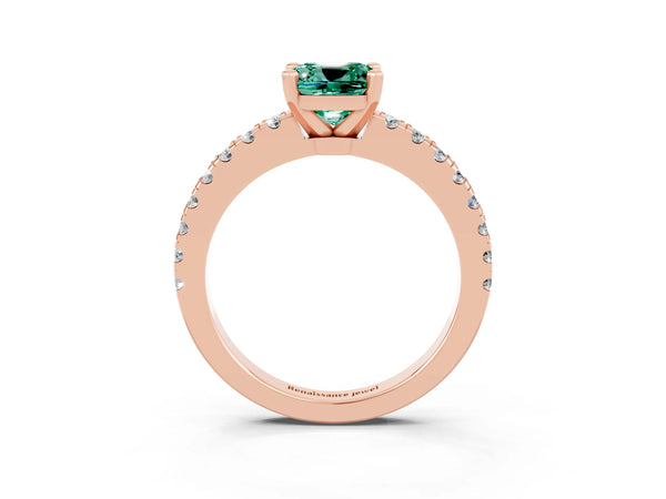 Rose gold Cushion Cut Solitaire Green Sapphire with Pavé Band and Four-Prong Setting