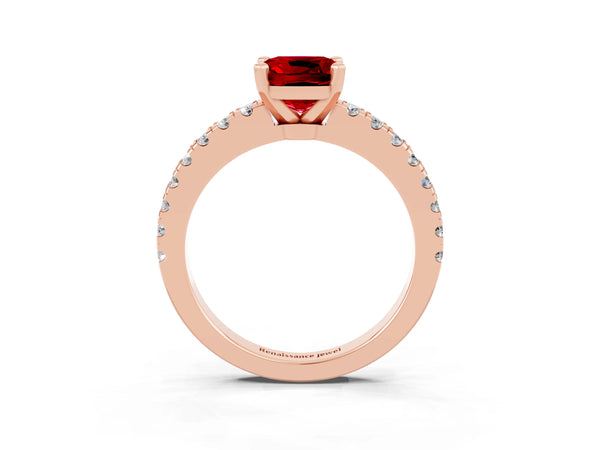 Rose gold Cushion Cut Solitaire Ruby with Pavé Band and Four-Prong Setting