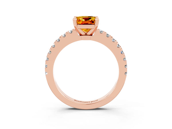 Rose gold Cushion Cut Solitaire Citrine with Pavé Band and Four-Prong Setting