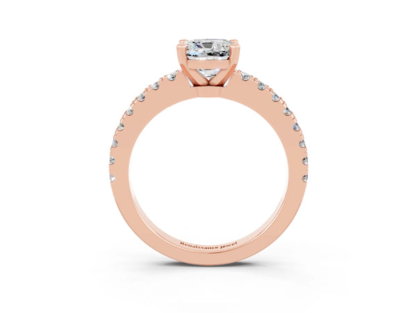 Rose gold Cushion Cut Solitaire Moissanite with Pavé Band and Four-Prong Setting