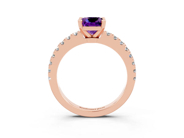 Rose gold Cushion Cut Solitaire Amethyst with Pavé Band and Four-Prong Setting
