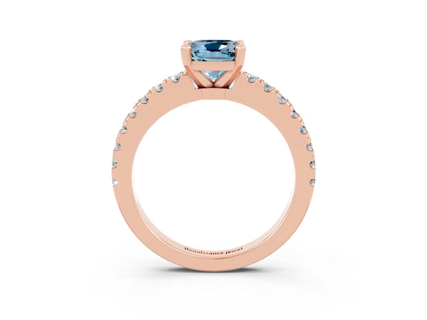 Rose gold Cushion Cut Solitaire Aquamarine with Pavé Band and Four-Prong Setting
