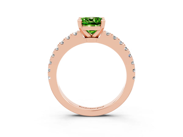 Rose gold Cushion Cut Solitaire Peridot with Pavé Band and Four-Prong Setting
