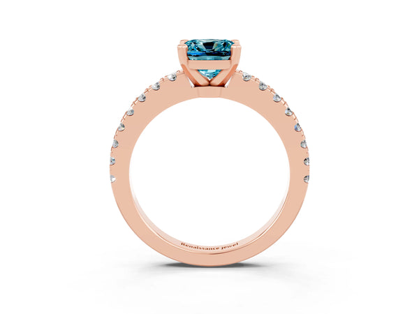 Rose gold Cushion Cut Solitaire Diamond with Pavé Band and Four-Prong Setting
