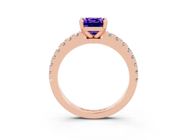 Rose gold Cushion Cut Solitaire Tanzanite with Pavé Band and Four-Prong Setting