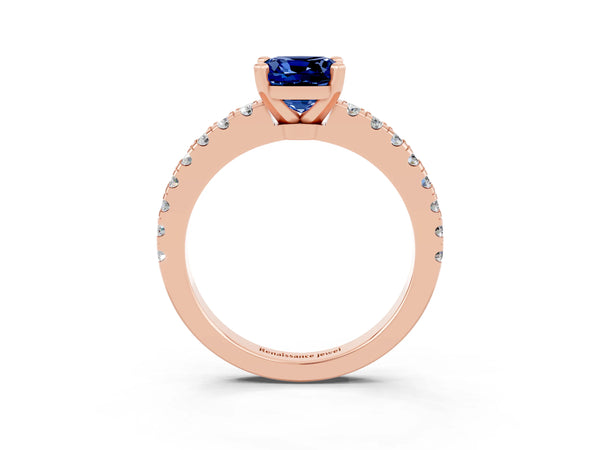 Rose gold Cushion Cut Solitaire Blue Sapphire with Pavé Band and Four-Prong Setting