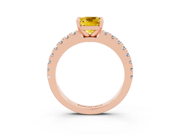 Rose gold Cushion Cut Solitaire Yellow Sapphire with Pavé Band and Four-Prong Setting