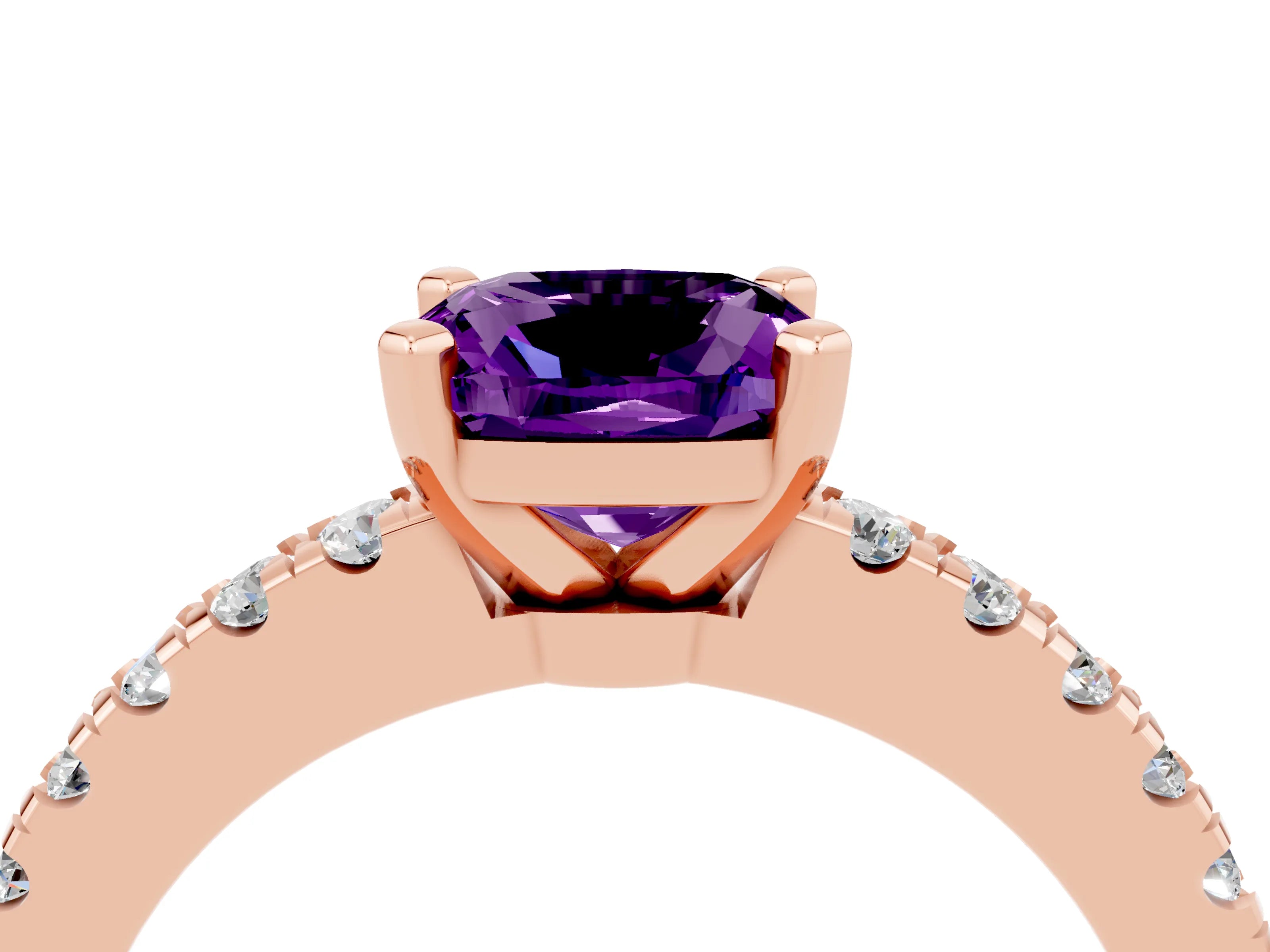 Rose gold Cushion Cut Solitaire Diamond with Pavé Band and Four-Prong Setting_4