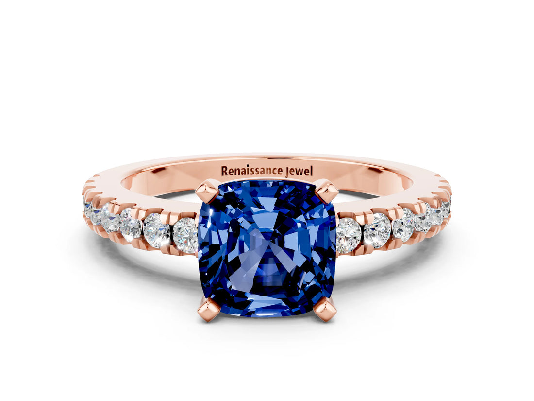 Rose gold Cushion Cut Solitaire Diamond with Pavé Band and Four-Prong Setting