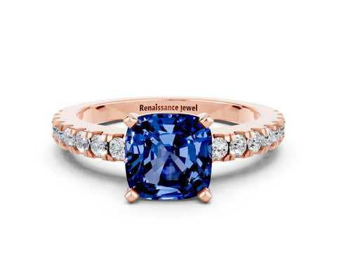 Rose gold Cushion Cut Solitaire Diamond with Pavé Band and Four-Prong Setting