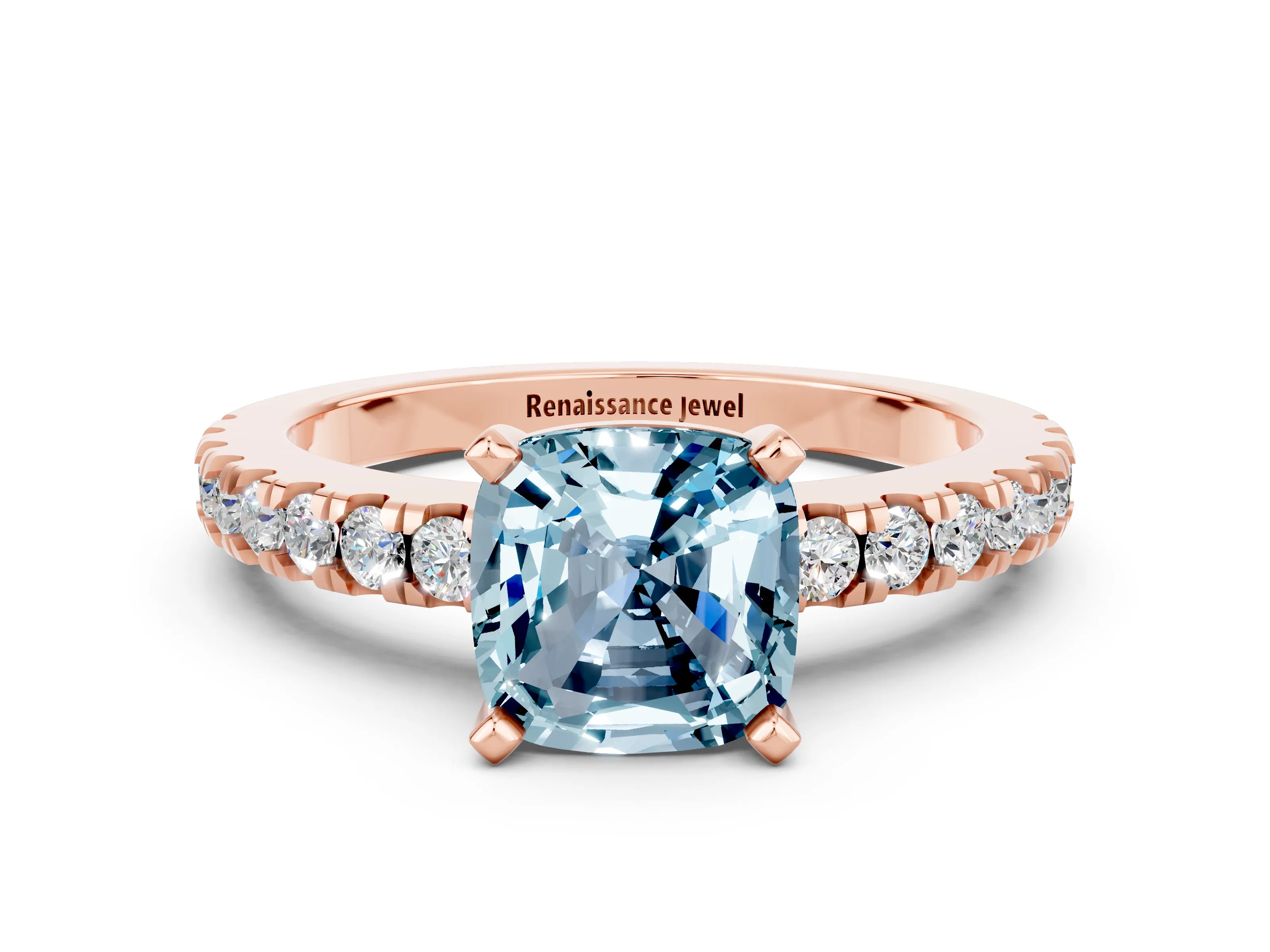 Rose gold Cushion Cut Solitaire Diamond with Pavé Band and Four-Prong Setting