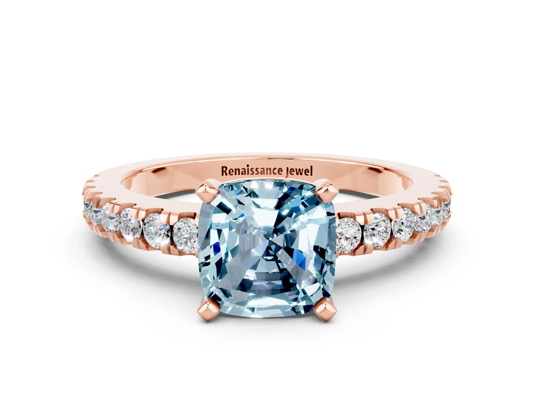 Rose gold Cushion Cut Solitaire Diamond with Pavé Band and Four-Prong Setting
